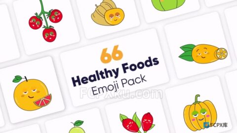 Healthy Food Emoji Pack FCPX插件66个卡通瓜果蔬菜水果美食表情动画