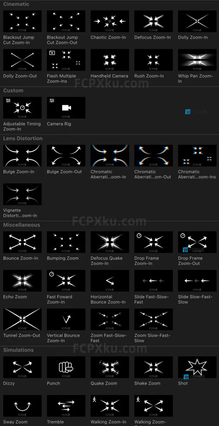 FCPX插件50多种摄像机移动模拟摇晃缩放旋转拉伸抖动畸变运镜动画mMovements