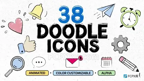 Doodle Icons FCPX插件一组‌手绘涂鸦风格图标库元素动画